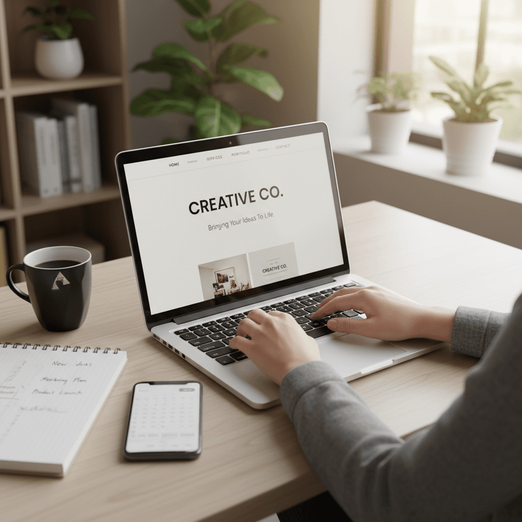 Small business owner viewing a professional website on laptop